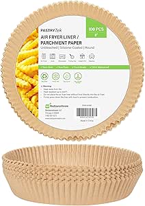 Restaurantware-Pastry Tek 8.1 x 8.1 x 1.8 Inch Air Fryer Liners, 100 Round Air Fryer Baskets - No-Stick Silicone Coating, Unbleached, Food-Grade Paper Liners, For Steamer, Microwave, Oven, Fry Pan