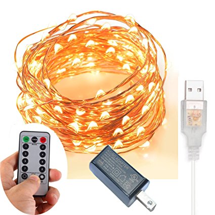 200 LED Indoor/Outdoor Copper Wire Lights w/ Remote & UL listed USB Charger Waterproof Ambiance Lighting for Gardens, Patios, Parties (Timer, 8 Modes, Dimmable, USB interface, Warm White)