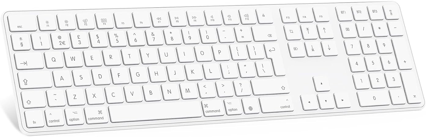 Bluetooth Keyboard for Mac os, OMOTON KB515 Full-sized Wireless Keyboard for Apple MacBook Pro/Air, iMac, iMac Pro, Mac Mini/Pro, Battery-powered, Multi-Device, QWERTY UK Layout (White)