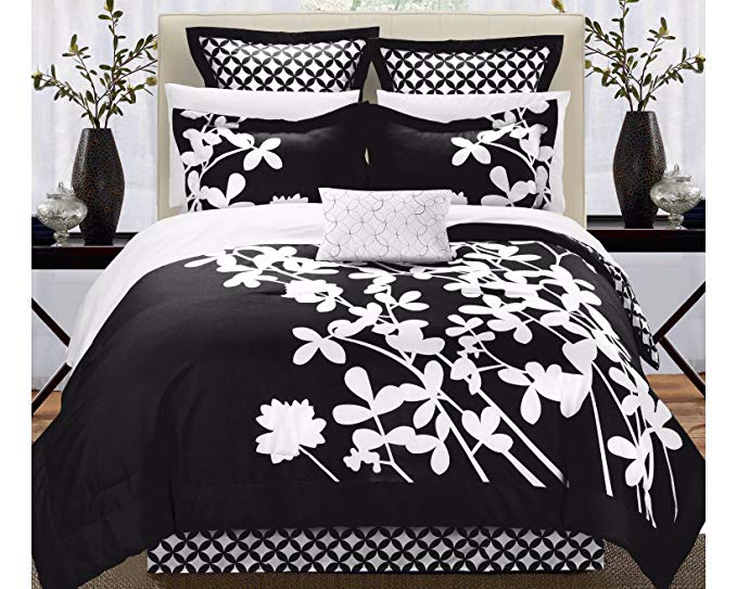 Chic Home Iris 7-Piece Comforter Set with Four Shams and Decorative Pillow, Queen Size, Black, Bedskirt