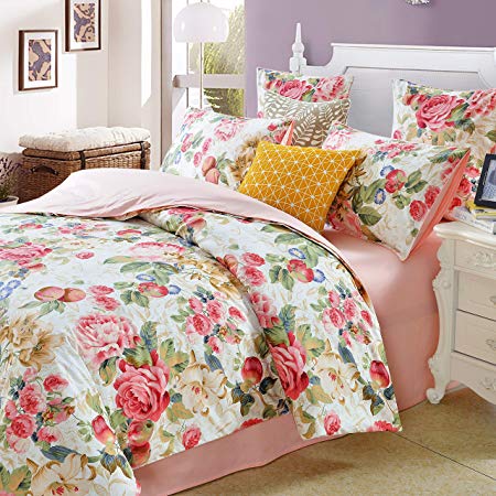 Softta Shabby Floral Classic Colorful Luxury Rose Bedding Sets Queen Size 3Pcs（1 Duvet Cover+ 2 Pillowcases） 800 Thread Count 100% Egyptian Long-Staple Cotton Duvet Cover Set