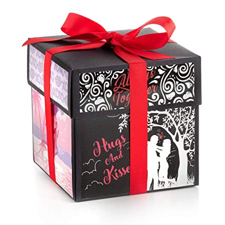 XOXO Explosion Box with Designer Illustrations - Surprise Gift Box for Anniversary, Birthday, Proposal, Valentine's Day, Wedding. Pre-Assembled, 5 Inch Cube Closed, 14x14 Inches Opened (You and I)