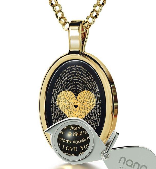 Love Necklace Inscribed with I Love You in 120 Languages in 24k Gold on Onyx Pendant, 18" - NanoStyle Jewelry