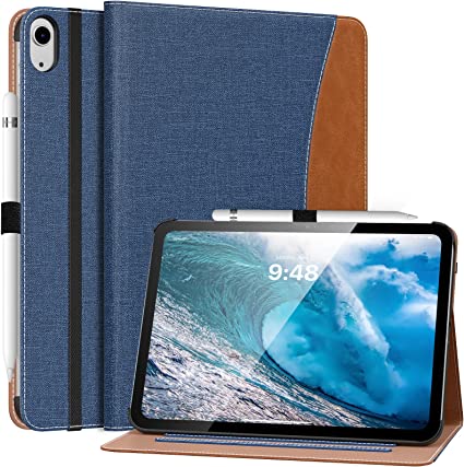 MoKo iPad 10th Generation Case iPad 10.9 Inch Case 2022, iPad Case 10th Generation [Multi-Angle Viewing] Smart Cover with Hand Strap, Support Touch ID&Auto Wake/Sleep, Denim Blue & Brown