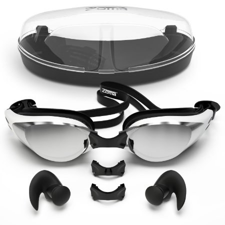 Swimming goggles with Anti Fog Technology for Women and Men - Customisable Nose Bridge for the Perfect Fit for Adults and Kids - Packaged in Premium Goggle Case - FREE Ergonomic Silicone Earplugs Included