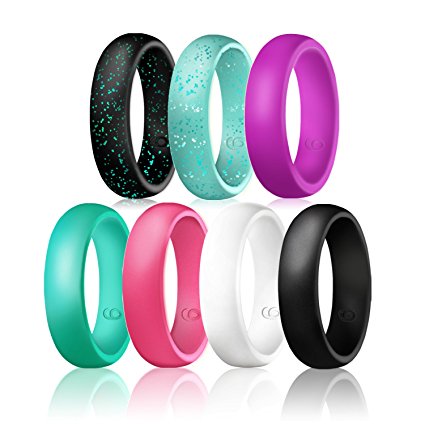 Egnaro Silicone Wedding Rings - 7 Rings Pack - Design For Women -Glitter Pink,Glitter Green ,Glitter Black ,Glitter Purple,Black , Light Grey,Rose Red ,Green;Size 4 to 8 Women Silicone Wedding Ring