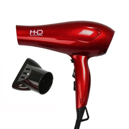MHD Hair Dryer Lightweight Blow Dryer Tourmaline Titanium Negative Ionic Dryer 2 Speed and 3 Heat Settings Cool Shot Button Red