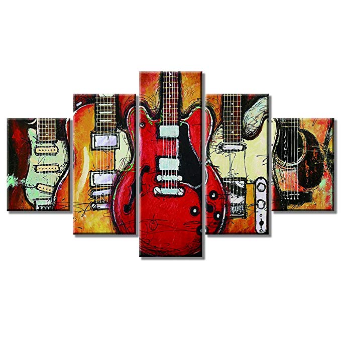 Guitar Music Wall Art Abstract Artwork Canvas Prints Art Home Decor for Living Room Bedroom Modern Still Life Pictures Gift 5 Panel Large Posters HD Printed Painting Framed Ready to Hang(60"Wx32"H, a)