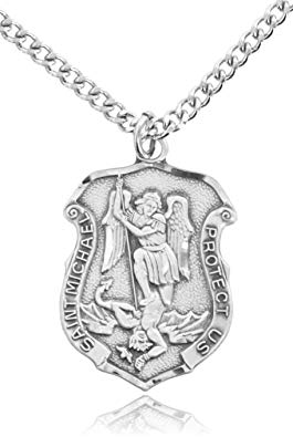 Heartland Men's Saint Michael Sterling Silver Police Shield Medal   USA Made   Chain Choice