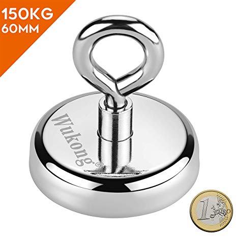 Wukong Round Neodymium Eyebolt Magnet, Pulling Force 330LB(150KG) Fishing Magnet,Super Power N52,Diameter x 60mm Thick x 15mm for Salvage,Fishing,Sciences, Industry