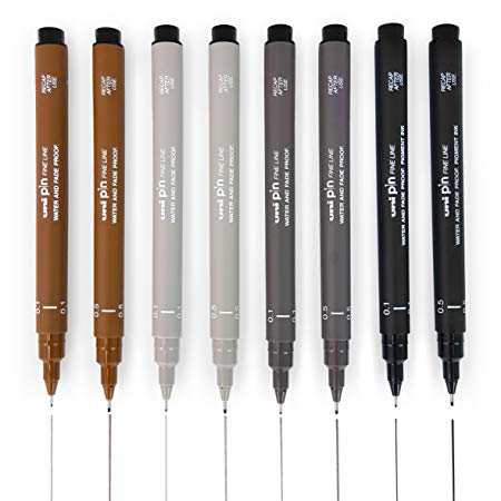 Uni Pin Fineliner Drawing Pen - Sketching Set of 8-0.1mm/0.5mm - Black, Dark Grey, Light Grey, and Sepia