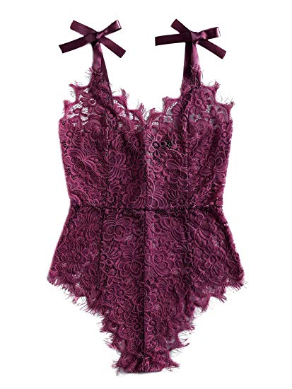 DIDK Women's Ribbon Tie Shoulder See Though Floral Lace Bodysuit