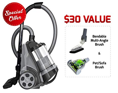 Ovente ST2620B Bagless Canister Cyclonic Vacuum – HEPA Filter – Includes Pet/Sofa, Bendable Multi-Angle, Crevice Nozzle/Bristle Brush, Retractable Cord – Featherlite