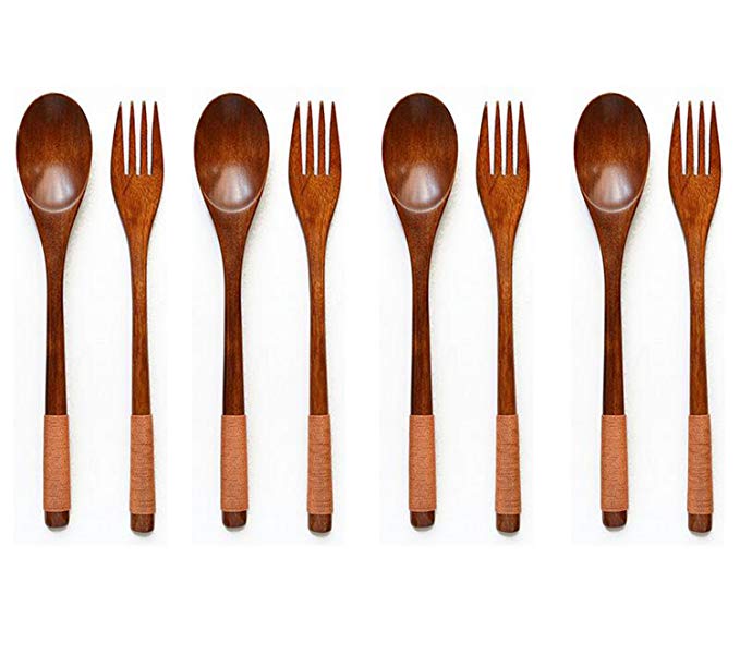 Antrader Wooden Spoons Forks Set Kitchen Tableware Dinnerware Flatware Eco friendly Natural Wood Cutlery Wooden Dinner Utensil Set, 4 Spoons and 4 Forks
