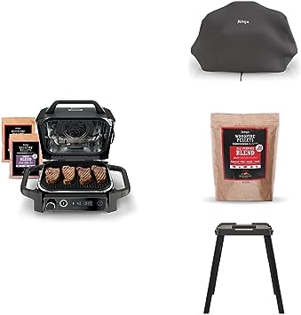 Ninja OG751BRN Woodfire Pro Outdoor Grill and Smoker with Built in Thermometer, 7 in 1 Master Grill, Grey, Electric, with XSKCOVER Cover   XSKOP2RL All Purpose Blend Pellets XSKUNSTAND Stand