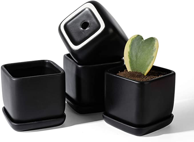 POTEY 051106 Square Succulent Plant Pot - 3.5 Inch Matte Black Ceramic Small Planters for Cactus Succulent with Drainage Hole & Saucer, Set of 4