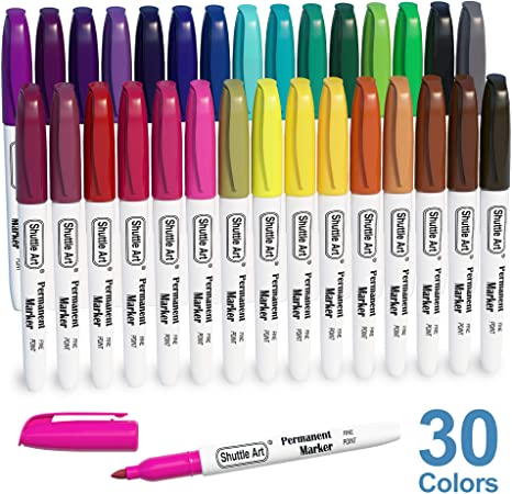 30 Colors Permanent Markers, Fine Point, Assorted Colors, Works on Plastic,Wood,Stone,Metal and Glass for Kids Adult Coloring Doodling Marking by Shuttle Art