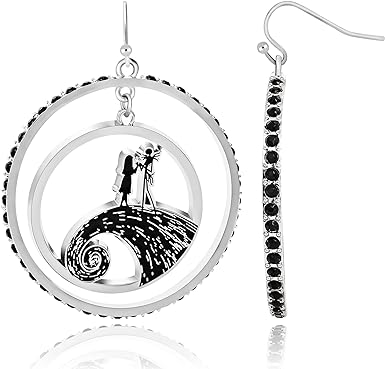 Disney The Nightmare Before Christmas Womens Hoop Earrings - Jack and Sally Double Circle Earrings with Black Crystals - Nightmare Before Christmas Jewelry