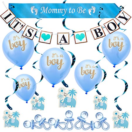 CYBER MONDAY SALE - Baby Shower Party Decoration Set for Boy with the Hottest Favors. (37 psc) - “It’s A Boy” Banner & Balloons, “Mommy to Be” Sash, Elephant Swirls & Large Acrylic Pacifiers. Blue