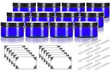 Cobalt Blue 4 oz PET Plastic (BPA Free) Refillable Low Profile Jar (12 pack)   Spatulas and Labels