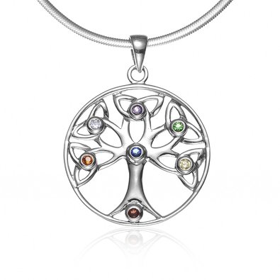 925 Sterling Silver Celtic Knot Trinty Tree of Life Seven (7) Chakras Pendant Necklace, 18 inches