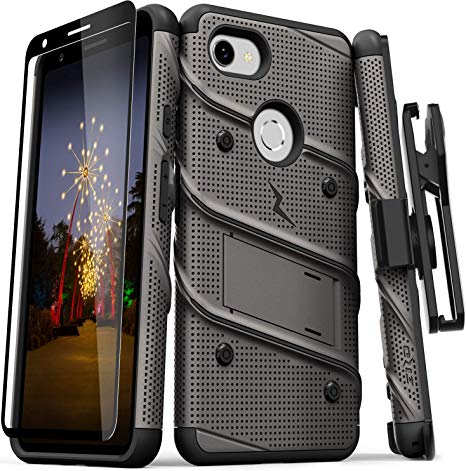 ZIZO Bolt Series Google Pixel 3a Case | Heavy-Duty Military-Grade Drop Protection w/Kickstand Included Belt Clip Holster Tempered Glass Lanyard (Metal Gray/Black)