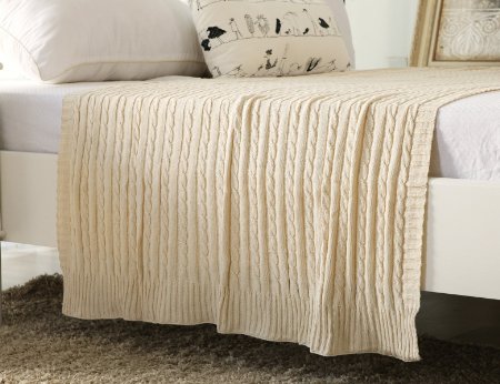 CottonTex Cotton Knitted Cable Throw Soft Warm Cover Blanket Cable Knitting Pattern, 43*70 Inches, Beige