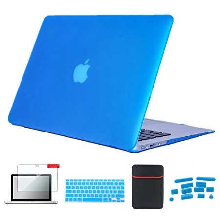 Se7enline Macbook Air Case [5 in 1 Bundle] Hard Shell Cover for Macbook Air 13 inch A1369, A1466 with Soft Sleeve Bag, Silicone Keyboard Protector, Clear LCD Screen Protector, Dust plug, Aqua Blue