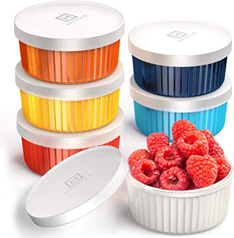 Hatrigo Porcelain Ramekins with Silicone Storage Lids, Set of 6 Assorted Colors, 8 oz Oven Safe to 450 deg F, Dishwasher Safe