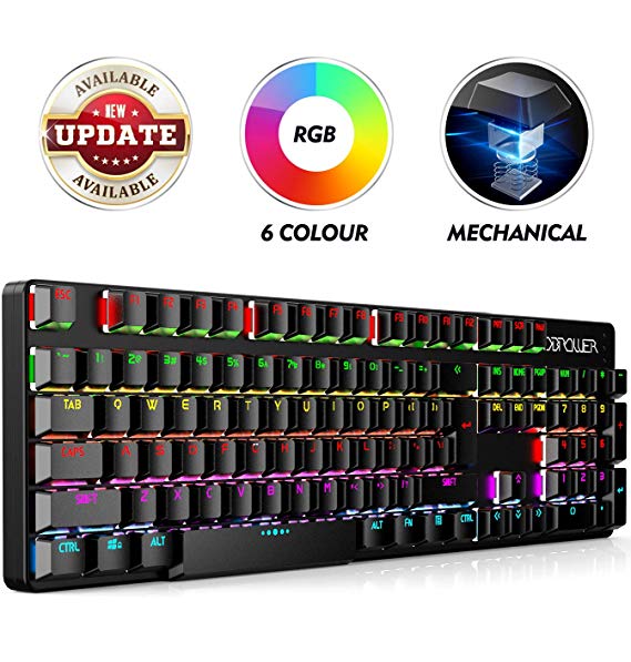 DBPOWER Mechanical Keyboard 104 Keys 6 LED Backlit Colors 10 Modes Full Anti-ghosting Gaming Keyboard USB Wired Keyboard With Key Cap Puller and Water Resistant Design for Gamers and Typists