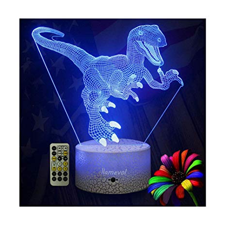 Dinosaur Night Lights for Kids Christmas Gift Birthday Indoraptor Toy 3D Illusion Lamp Dino Gifts for Boys Home Bedroom Party Supply Decoration 7 Color Blue Raptor Remote Timer