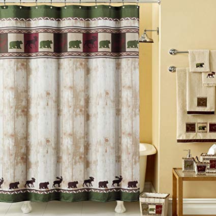 DS BATH Woodland Vintage Bear Shower Curtain,Polyester Shower Curtain,Lodge Shower Curtains for Bathroom,Dk Green Print Decorative Waterproof Bathroom Curtains,72" W x 78" H
