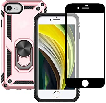 iPhone SE 2020 Case with Screen Protector, Yiakeng Military Grade Protective Cases with Ring for iPhone SE 2020 7/8 (Rose Gold)