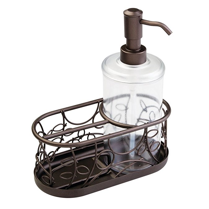 InterDesign Twigz Soap Dispenser Pump and Sponge & Scrubber Caddy – Kitchen Sink Organizer, Frost/Bronze