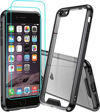 LeYi Compatible for iPhone 6S Plus Case, iPhone 6 Plus Case with 2 Tempered Glass Screen Protector for Men Women, Clear Back Shockproof [Unique Buttons] Slim Protective Case for iPhone 6 Plus, Black