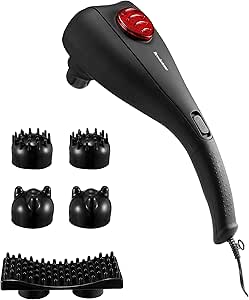 Brookstone Dual Head Percussion Massager - Full Body Massage with Vibration Function, 2 Intensity Levels, 3 Pairs of Interchangeable Massage Nods - Corded, AC Power