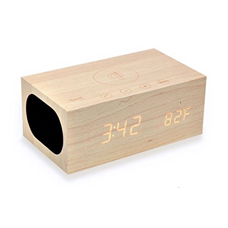 Bewelter Multi-Function Wireless Charger Wooden Bluetooth Speaker LED Digital Clock with Built in Mic, NFC, Temperature/Time Display, Alarm Clock for Smartphones Laptop Home/Office Use ( Light Wood)