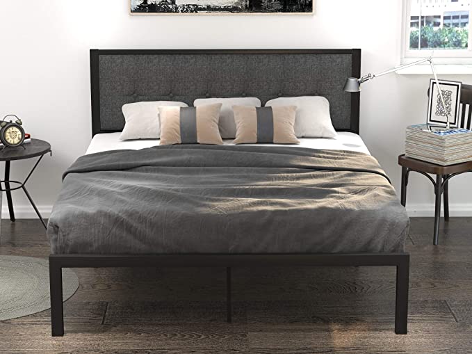 Allewie Queen Size Platform Bed Frame/Upholstered Button Tufted Square Stitched Headboard and Strong Metal Slats/Mattress Foundation/No Box Spring Needed/Easy Assembly, Grey