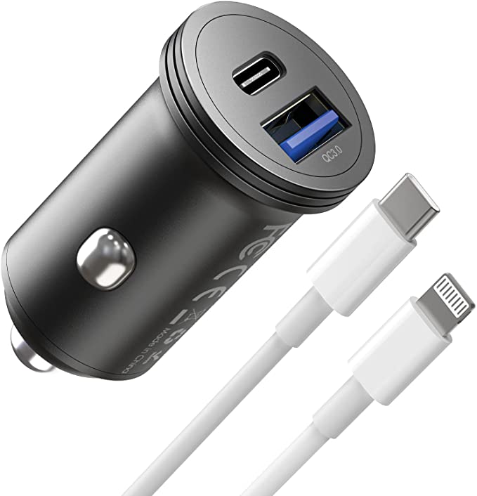 Car Charger for iPhone 13, 43W Fast USB C Car Charger Adapter Dual Port, 25W USB-C & 18W USB iPhone Car Charger Aluminum Alloy with Lightning Cable for iPhone 13/12 Pro Max/11 Pro/XS/XR/8 and More
