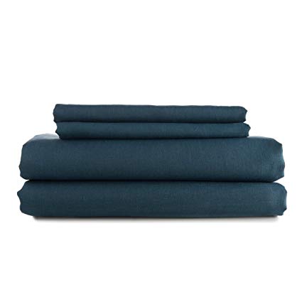 European Made Pure Linen Sheets Set (Flat, Fitted and 2 Pillowcases). 100% Fine Organic and Natural Flax (Queen, Midnight Blue)