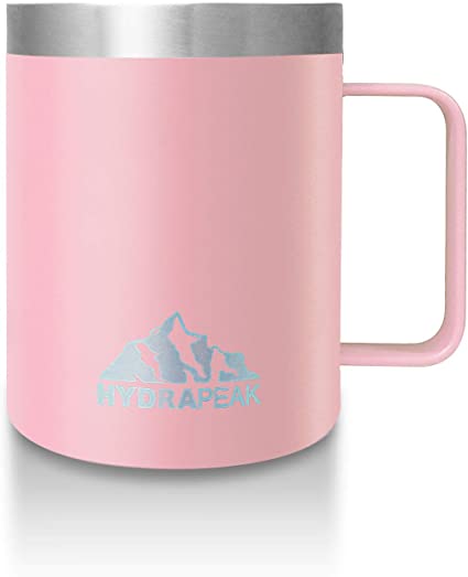 Hydrapeak 12oz Stainless Steel Double Vacuum-Insulated Coffee Mug, Reusable Travel Cup with Integrated Handle and Press In Lid (Pink)