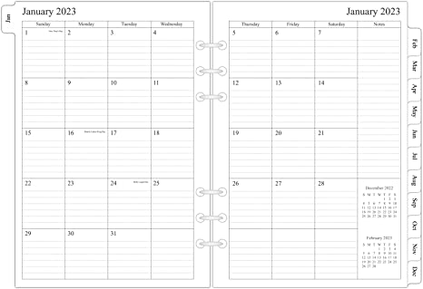 2022-2023 Monthly Planner Refill for A5 Binder, Two Page Per Month, July 2022 - December 2023, 5.6"x8.3", 6-Hole Punched