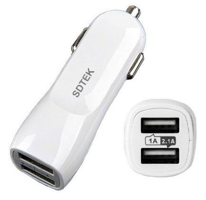 SDTEK White Dual Twin USB Car Charger with fast Charge 2.1A for use with iPhone 6 / 6s, Plus, 5 SE 5s 5c 4 4S, iPad Air, Pro, Mini, Samsung Galaxy S3 S4 S5 S6 S7, Edge Huawei, 12V