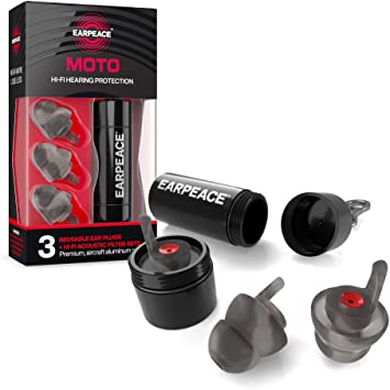 EarPeace Motorcycle Ear Plugs - Reusable High Fidelity Moto Ear Plugs for Riding, Hearing Protection for Motorsports, Work & Airplane Noise Reduction (Black Case - Small Plugs)