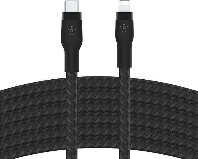 Belkin BoostCharge Pro Flex Braided USB Type C to Lightning Cable (3M/10ft), MFi Certified 20W Fast Charging PD Power Delivery for iPhone 14, iPhone 13, 12, 11, Pro, Max, Mini, SE, iPad - Black