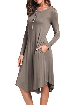 levaca Women's Plain Long Sleeve Pockets Pleated Loose Swing Casual Midi Dress