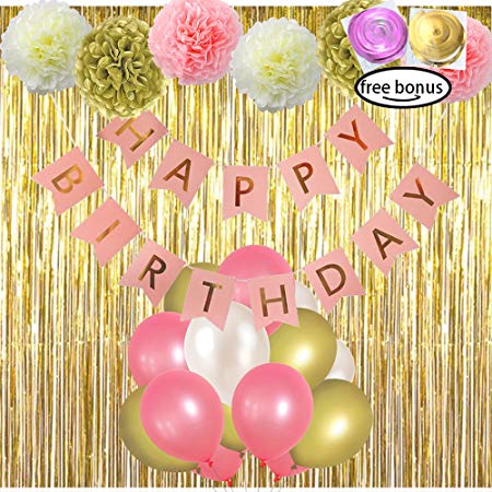 LITAUS Pink and Gold Birthday Decorations, Happy Birthday Banner, Pom Poms Flowers Kit, Fringe Curtains, Hanging Swirl for,1 Birthday Decorations, Baby Girl Birthday Decorations