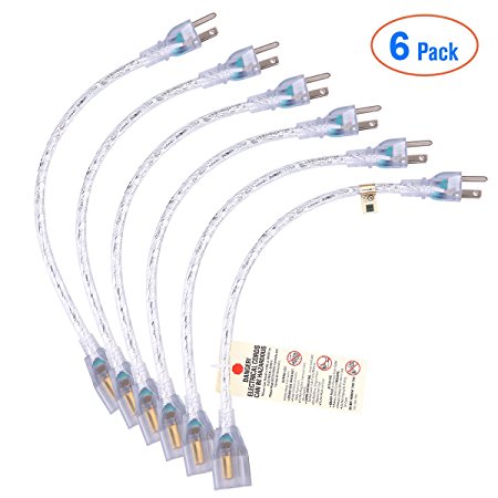 [UL Listed] Miady Power Extension Cord Cable Outlet Saver, 16AWG/13A, 3 Prong (6 Pack, Transparent, 1-Foot)