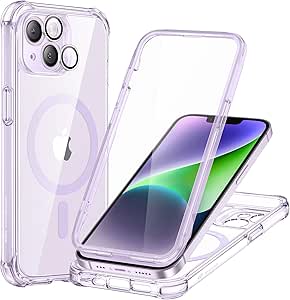 ESR Magnetic for iPhone 14 Case [Compatible with MagSafe] Full-Body Military-Grade Drop Proof Phone Case for iPhone 14 with Built-in 9H  Tempered Glass Screen Protector, Clear Purple