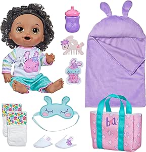 Baby Alive Bunny Sleepover Baby Doll, Bedtime-Themed 12-Inch Dolls, Sleeping Bag & Bunny-Themed Doll Accessories, Toys for 3 Year Old Girls and Boys and Up, Black Hair (Amazon Exclusive)